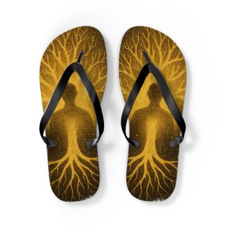 Spiritual Roots Flip Flops — Golden Meditation Tree Silhouette Sandals