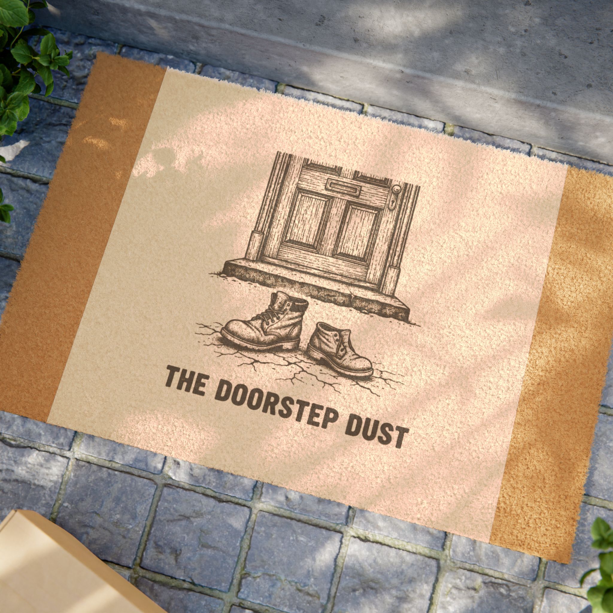 Doormat - Rustic 'The Doorstep Dust' Welcome Mat with Boots & Door Illustration - Image 4