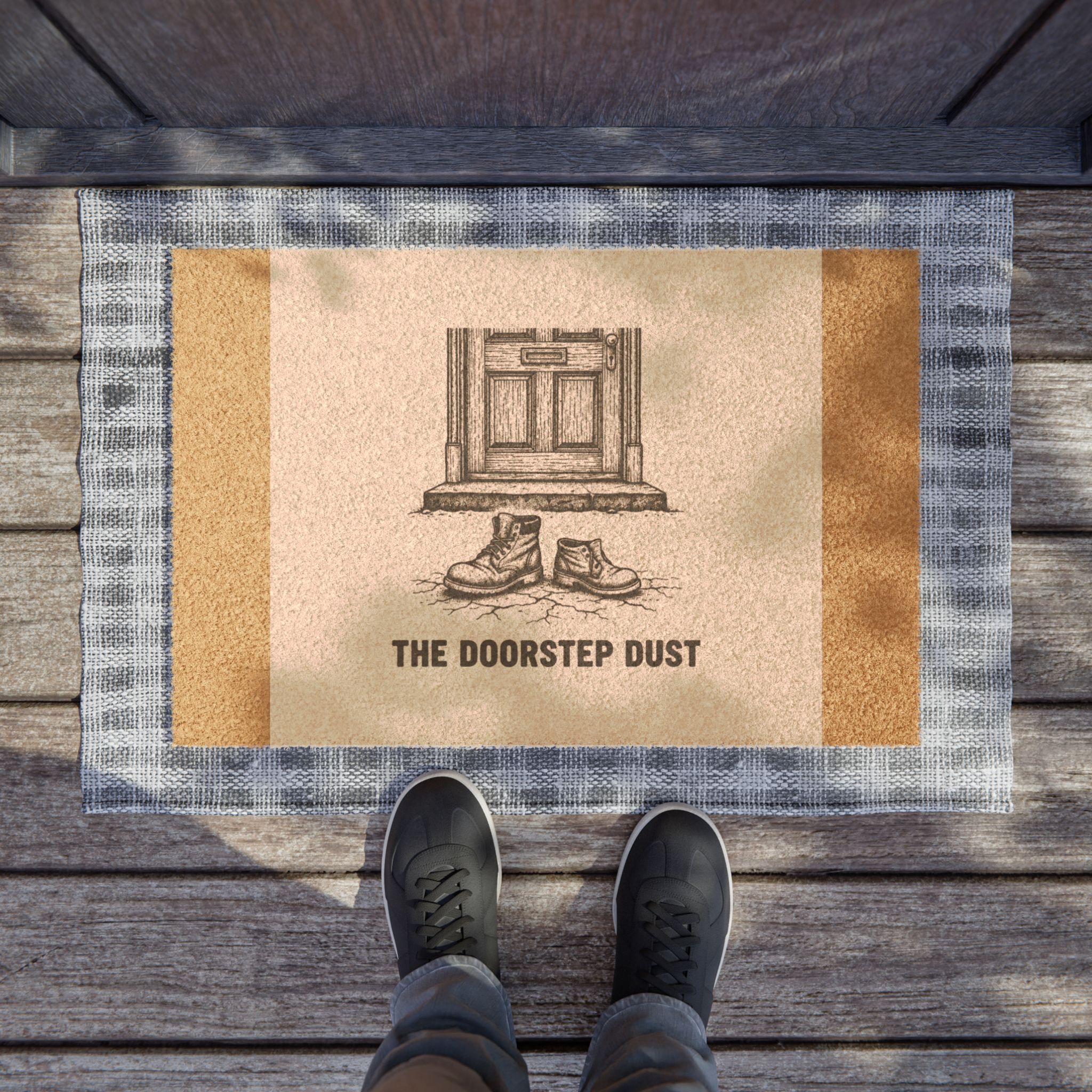 Doormat - Rustic 'The Doorstep Dust' Welcome Mat with Boots & Door Illustration - Image 3